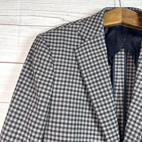 Byron British Style Check Plaid Blazer Jacket Sport Suit Coat 44R Wool Brown - Picture 3 of 12